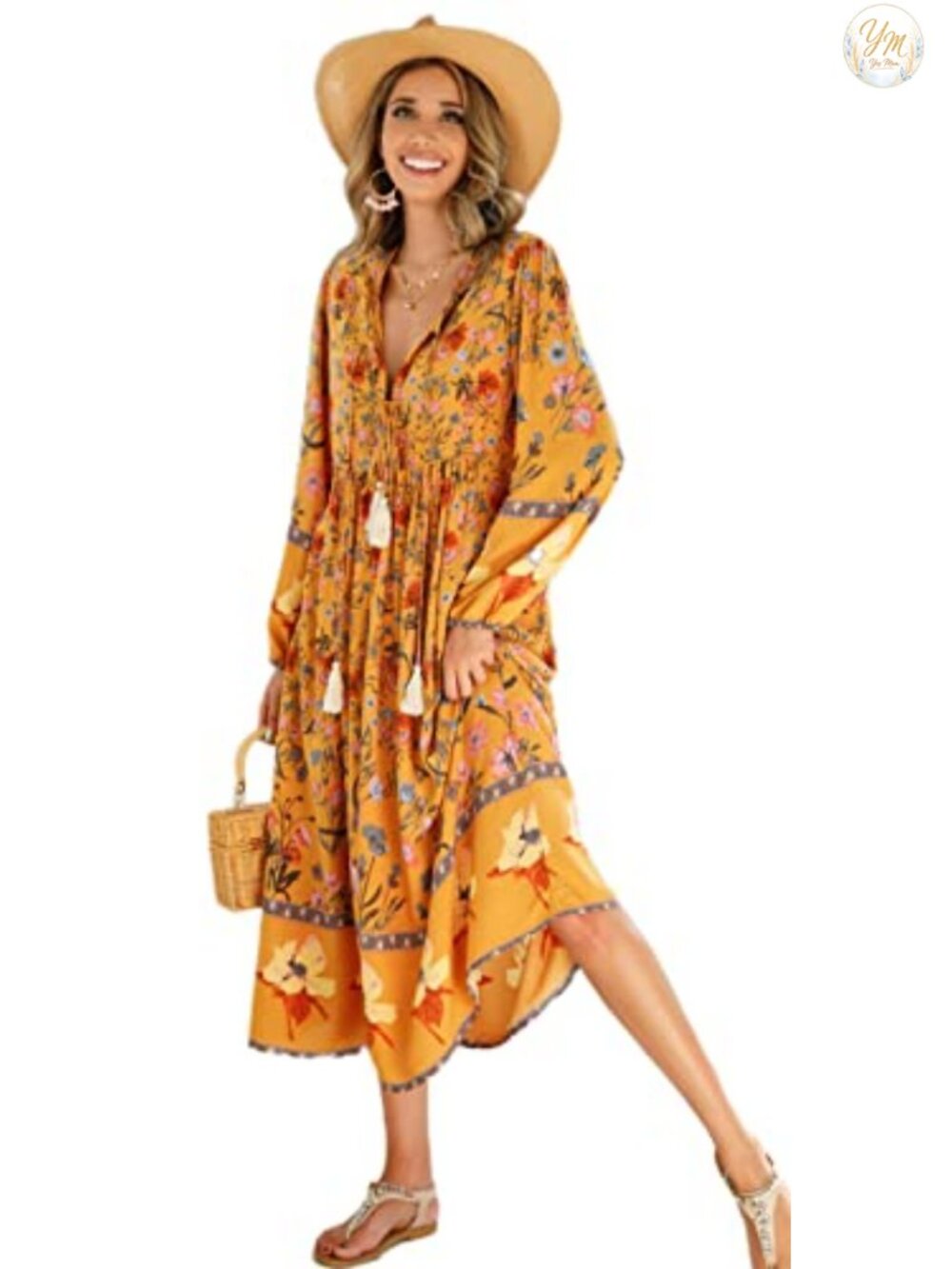Boho Floral Midi Dress with Tassel Tie, Long Sleeve V-Neck